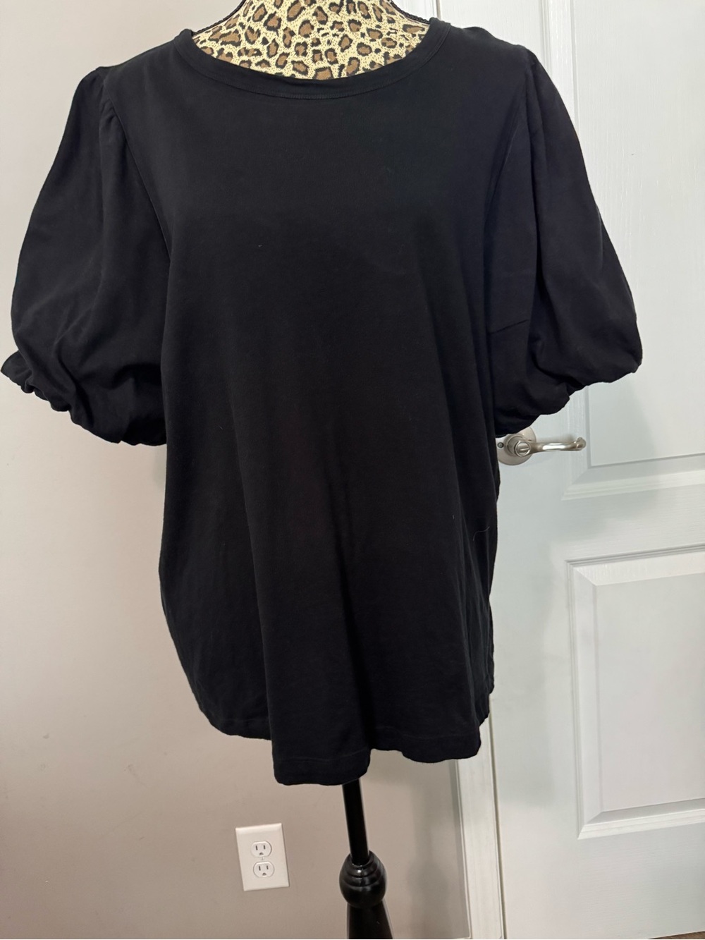 Black Puff Sleeve Women's Top - Classic Crewneck